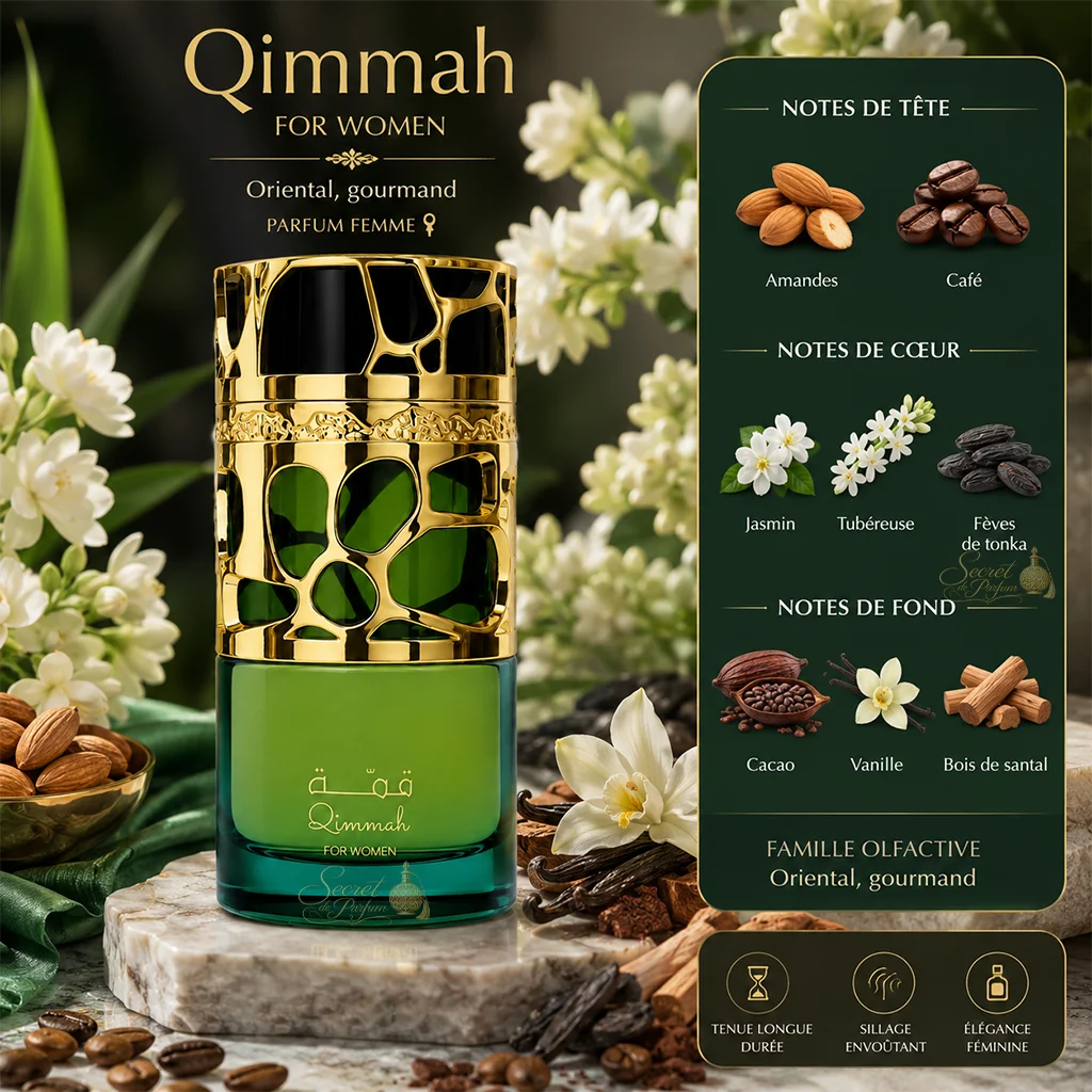 Qimmah For Women Lattafa – Eau de Parfum Femme Oriental Gourmand 100 ml 2 Notes Qimmah For Women Lattafa : amande, café, jasmin, tubéreuse, tonka, cacao, vanille et santal