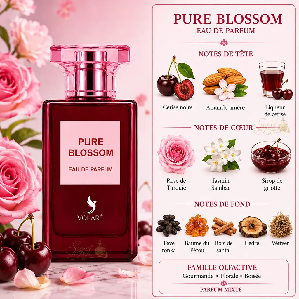Pure Blossom Volaré – Eau de Parfum Mixte Gourmande 100 ml 2 Notes Pure Blossom Volaré : cerise noire, amande amère, rose turque, jasmin, fève tonka, santal et cèdre