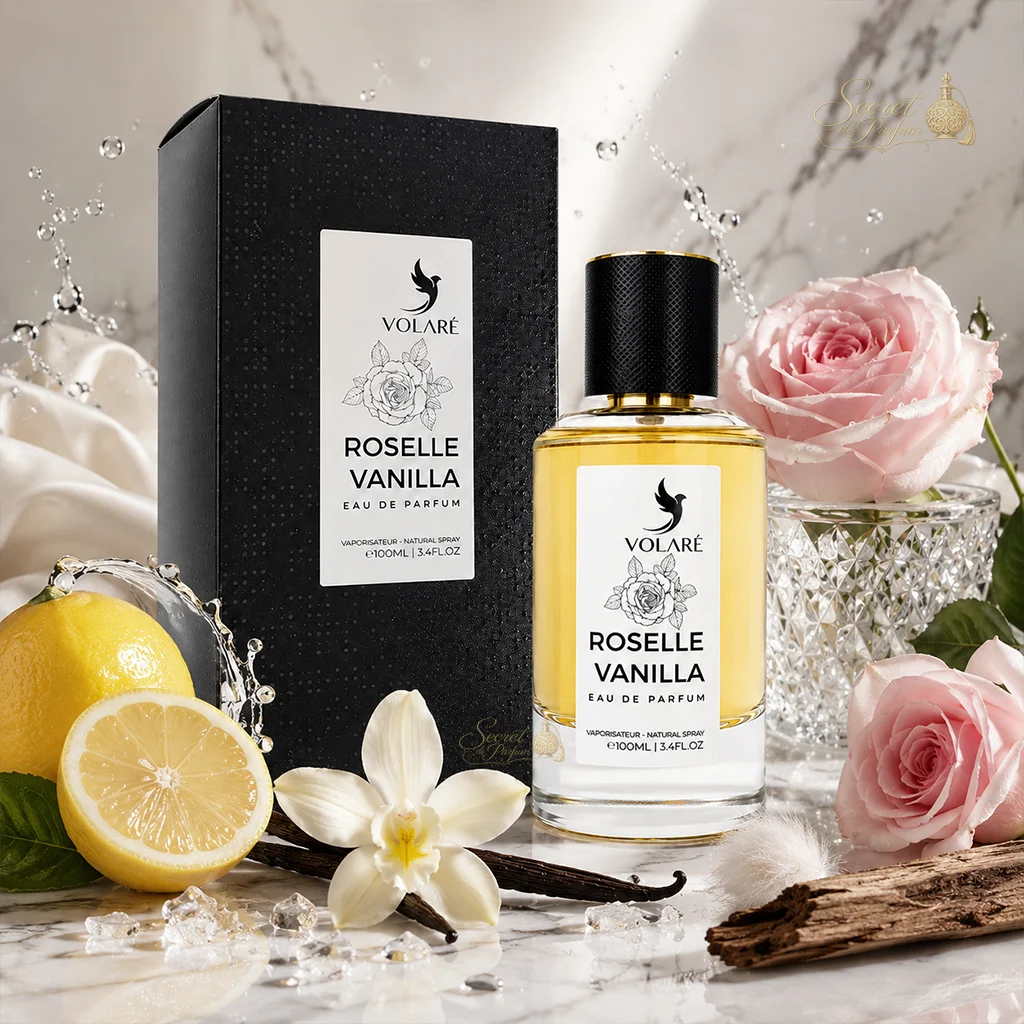 Roselle Vanilla Volaré – Eau de Parfum Mixte Floral Gourmand 100 ml 3 Roselle Vanilla Volaré 100 ml avec boîte noire et flacon