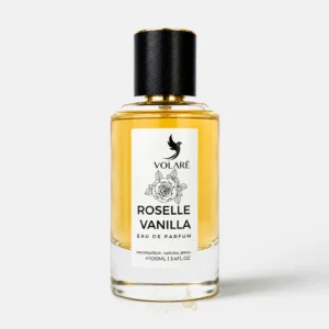 Roselle Vanilla Volaré avec rose, citron et vanille dans un décor floral