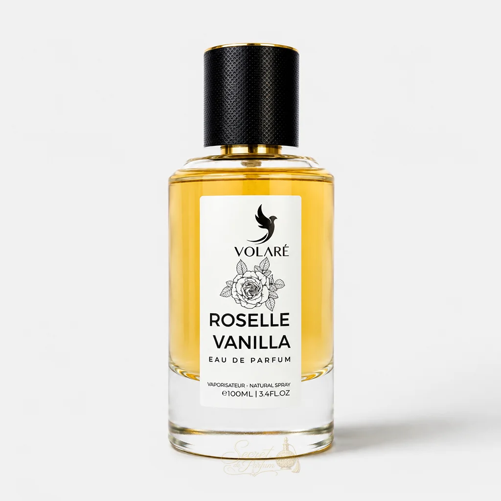 Roselle Vanilla Volaré – Eau de Parfum Mixte Floral Gourmand 100 ml 1 Roselle Vanilla Volaré avec rose, citron et vanille dans un décor floral