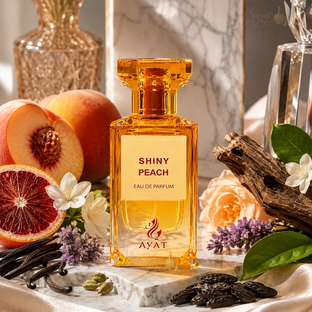 Shiny Peach Ayat – Eau de Parfum 80 ml 4 Shiny Peach Ayat, parfum fruité gourmand aux notes de pêche, orange sanguine, vanille et bois