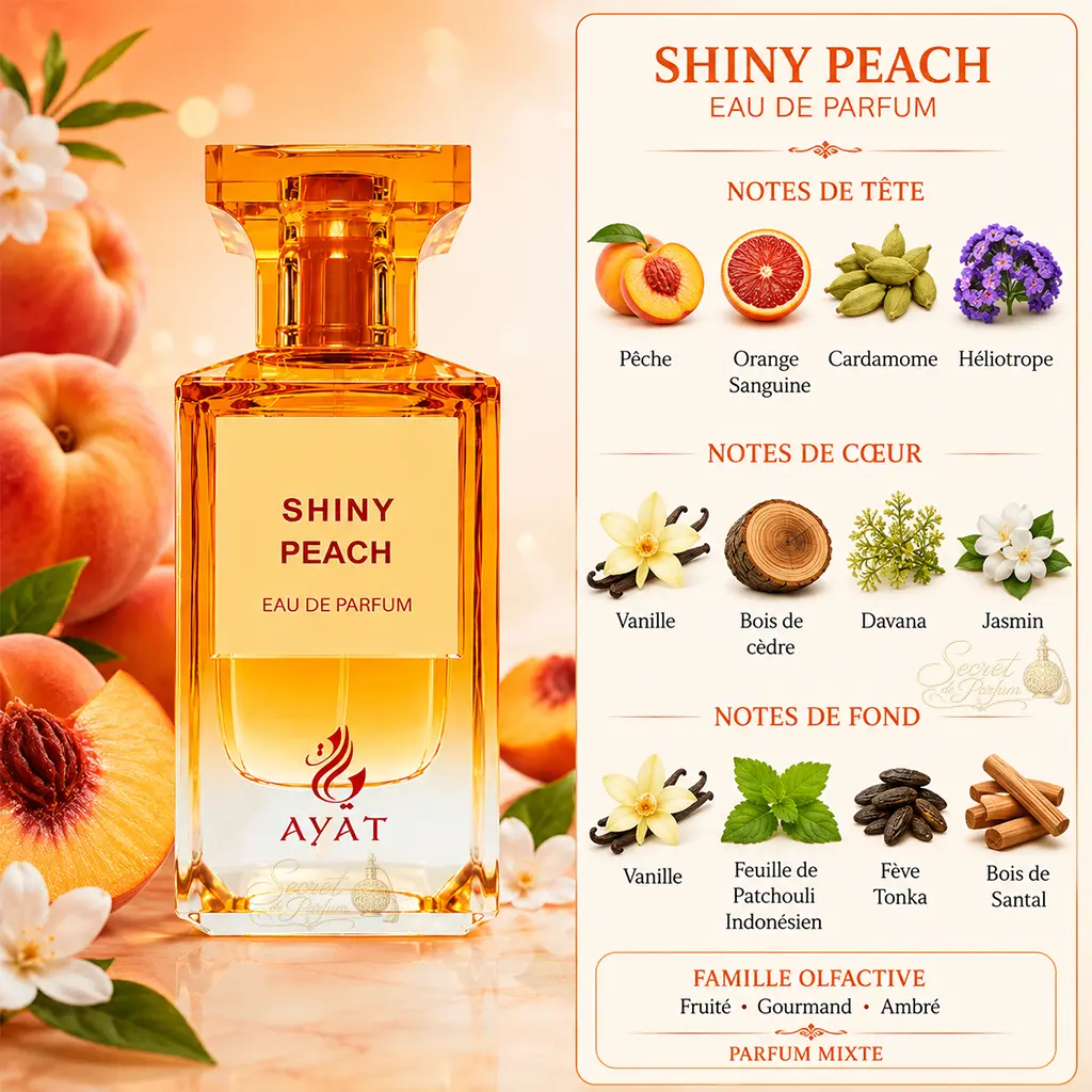 Shiny Peach Ayat – Eau de Parfum 80 ml 2 Notes de Shiny Peach Ayat : pêche, orange sanguine, cardamome, héliotrope, vanille, davana, jasmin, tonka et santal
