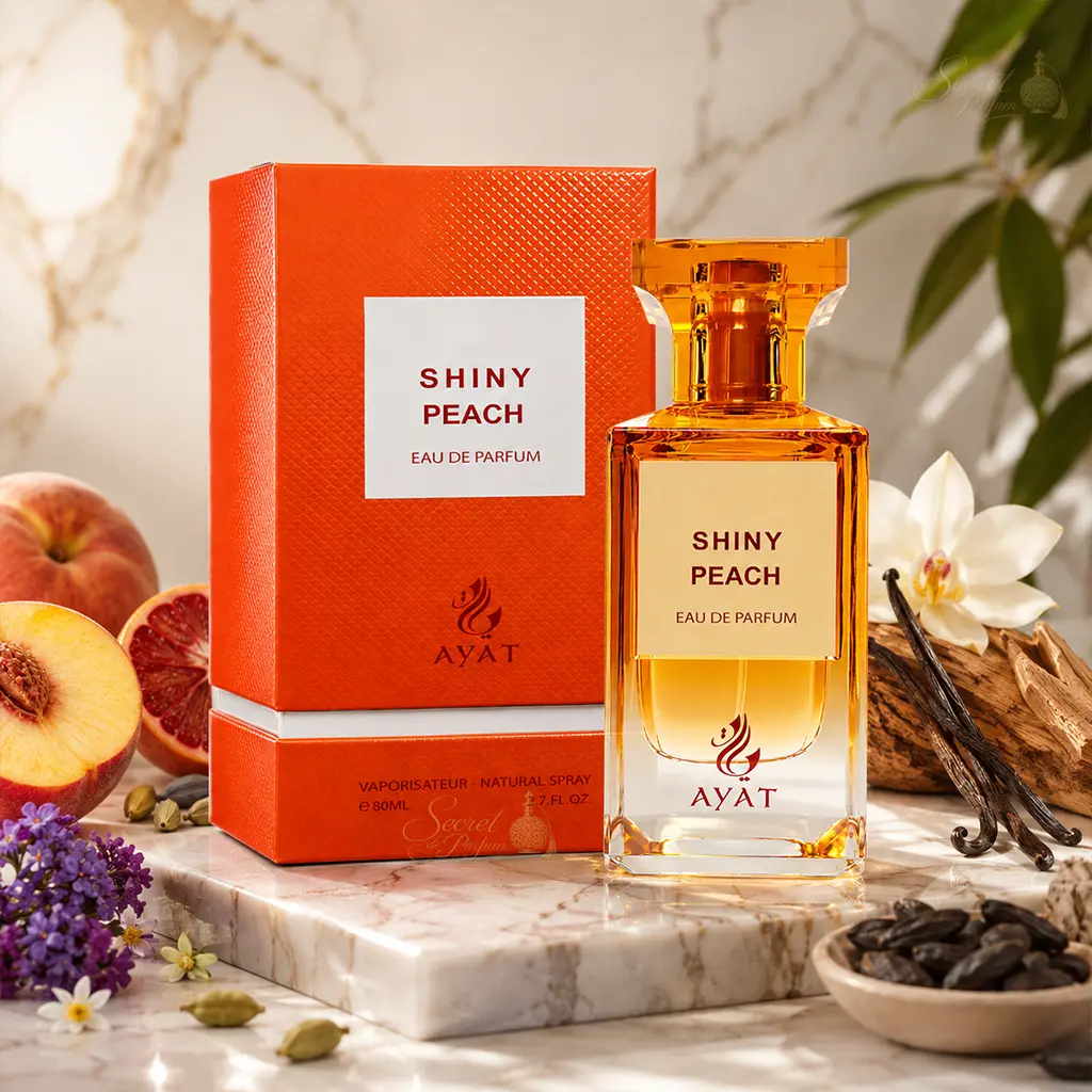 Shiny Peach Ayat – Eau de Parfum 80 ml 3 Shiny Peach Ayat Eau de Parfum 80 ml avec flacon et boîte orange