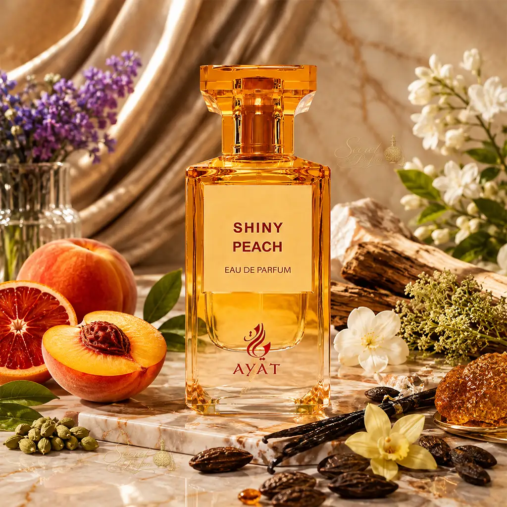 Shiny Peach Ayat – Eau de Parfum 80 ml 6 Shiny Peach Ayat, parfum fruité gourmand aux notes de pêche, orange sanguine, vanille et bois