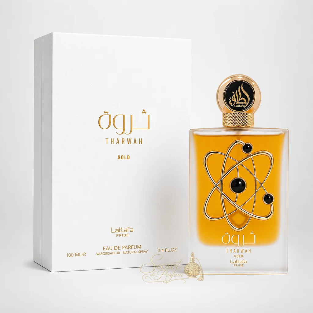 Tharwah Gold Lattafa Pride Eau de Parfum 100 ml – Parfum Femme Floral Ambré Vanillé 6 Tharwah Gold Lattafa Pride parfum femme dans un décor floral élégant mettant en valeur sa signature florale et vanillée