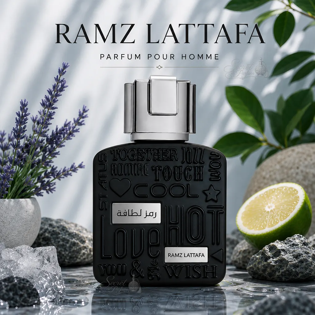 Ramz Lattafa Silver Eau de Parfum Homme 100 ml 2 Ramz Lattafa Silver présenté avec lavande, citron vert et pierres évoquant ses notes fraîches et aromatiques
