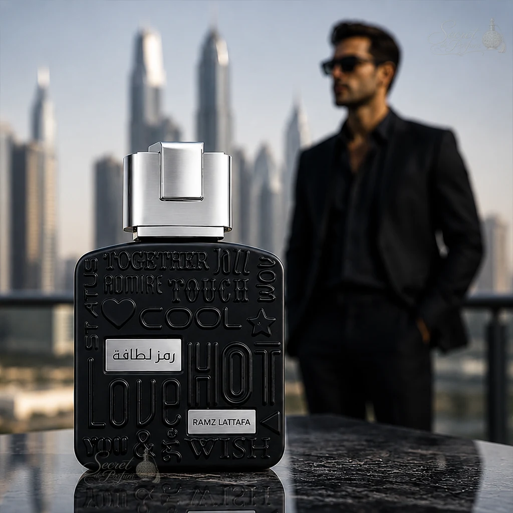 Ramz Lattafa Silver Eau de Parfum Homme 100 ml 5 Flacon Ramz Lattafa Silver dans une ambiance urbaine élégante représentant un parfum masculin moderne