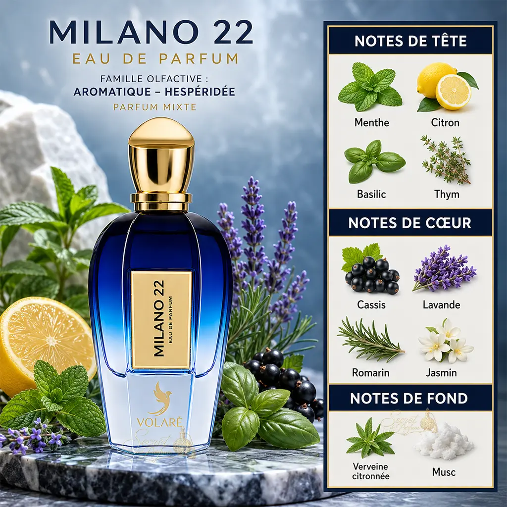 Milano 22 Volaré – Eau de Parfum Mixte Aromatique Hespéridée 100 ml 2 Notes Milano 22 Volaré menthe citron cassis lavande verveine et musc