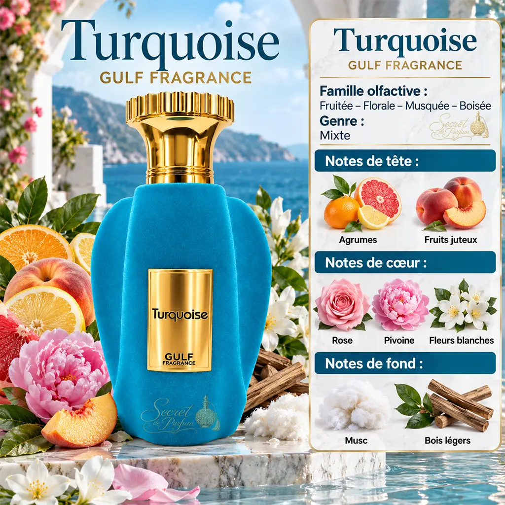 Turquoise Gulf Fragrance – Extrait de Parfum Mixte Fruité Floral Musqué 2 Notes Turquoise Gulf Fragrance agrumes fruits rose pivoine fleurs blanches musc et bois légers
