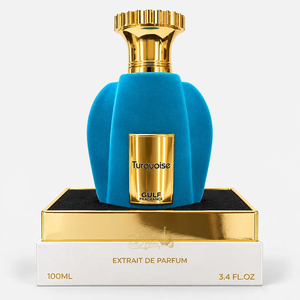 Turquoise Gulf Fragrance – Extrait de Parfum Mixte Fruité Floral Musqué 3 Turquoise Gulf Fragrance Extrait de Parfum mixte 100 ml flacon bleu et doré